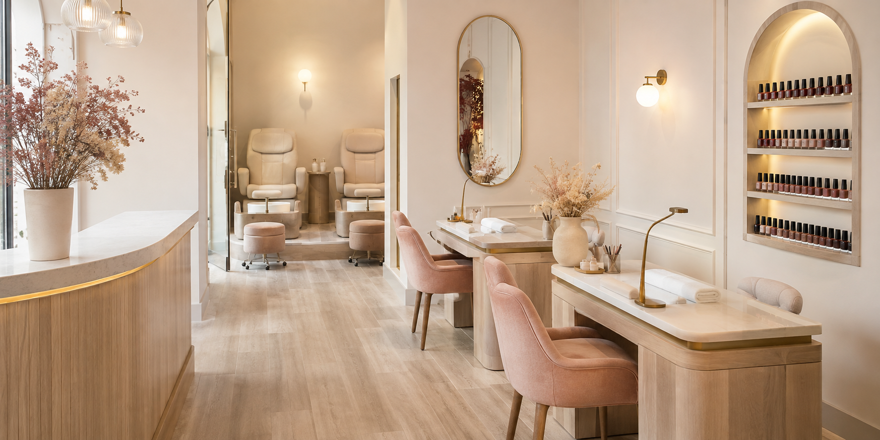 Univers intérieur élégant de l’institut de beauté fictif Najma Care